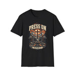 Press On T-Shirt — Christian Cross Mountain Graphic (Philippians 3:14)