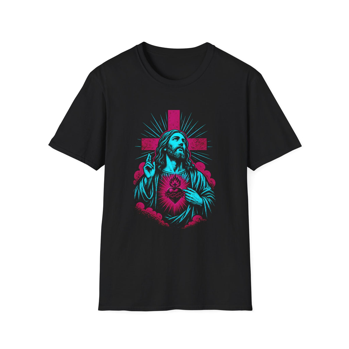 Jesus Sacred Heart T-Shirt — Neon Cross Christian Tee for Faith & Prayer