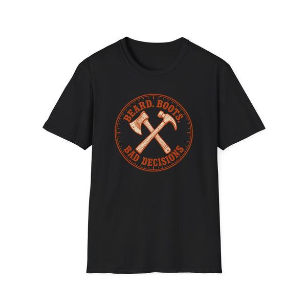 Front view of Beard Boots and Bad Decisions crossed hatchets graphic T-shirt