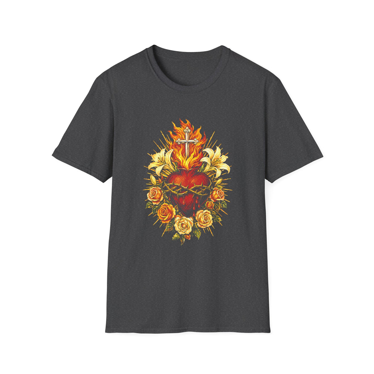Floral Sacred Heart T-Shirt — Watercolor Cross & Roses Spiritual Tee