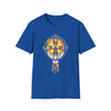 Spiritual Sunburst Cross T-Shirt — Pastel Stained Glass Heart Design