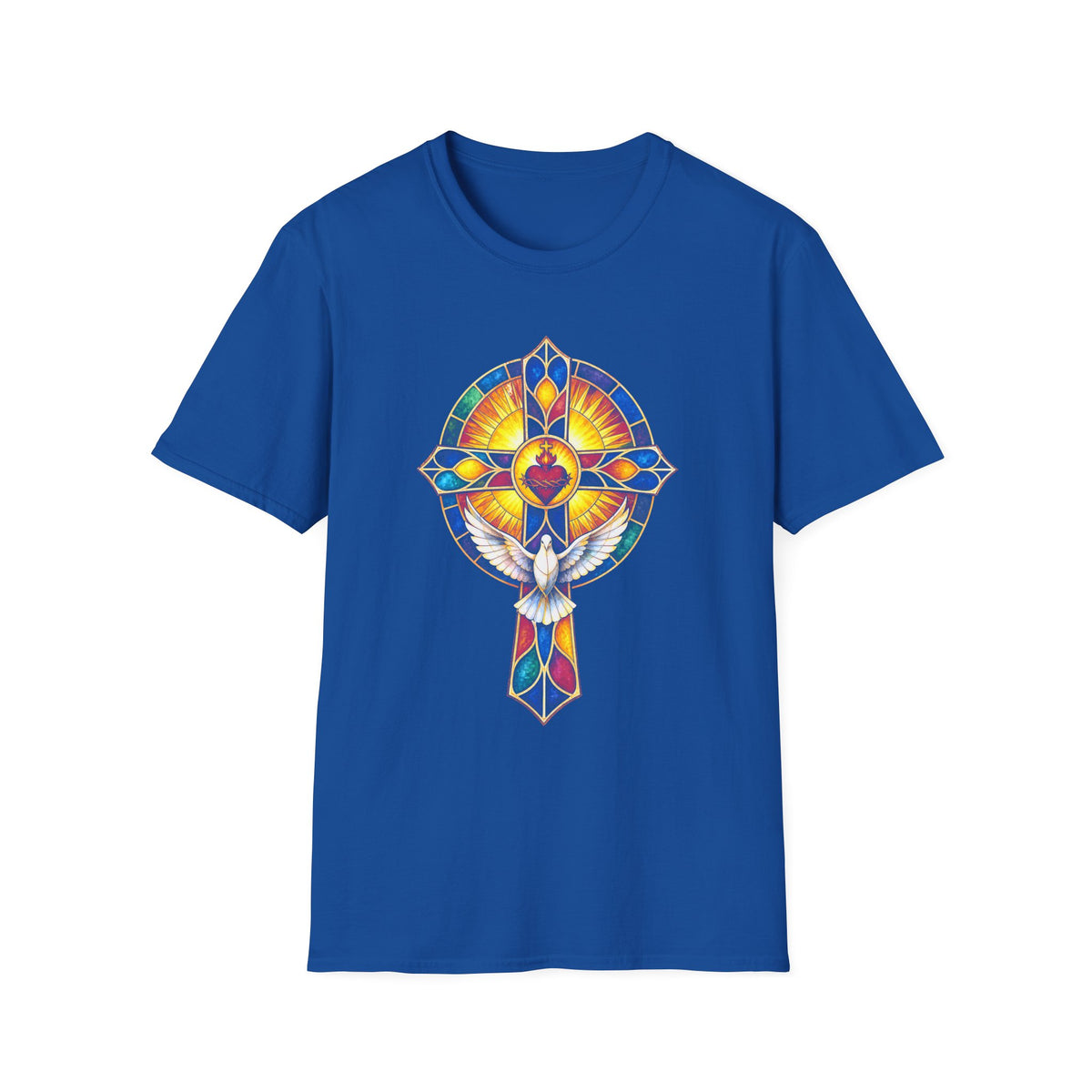 Spiritual Sunburst Cross T-Shirt — Pastel Stained Glass Heart Design