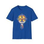 Spiritual Sunburst Cross T-Shirt — Pastel Stained Glass Heart Design