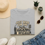 Just Here for the Snacks T‑Shirt — Cute Raccoon Gas Station Graphic
