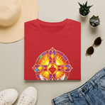 Spiritual Sunburst Cross T-Shirt — Pastel Stained Glass Heart Design