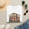 Press On T-Shirt — Christian Cross Mountain Graphic (Philippians 3:14)