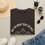 May the Woods Treat You Well mountain and pine hiking T-shirt product mockup
