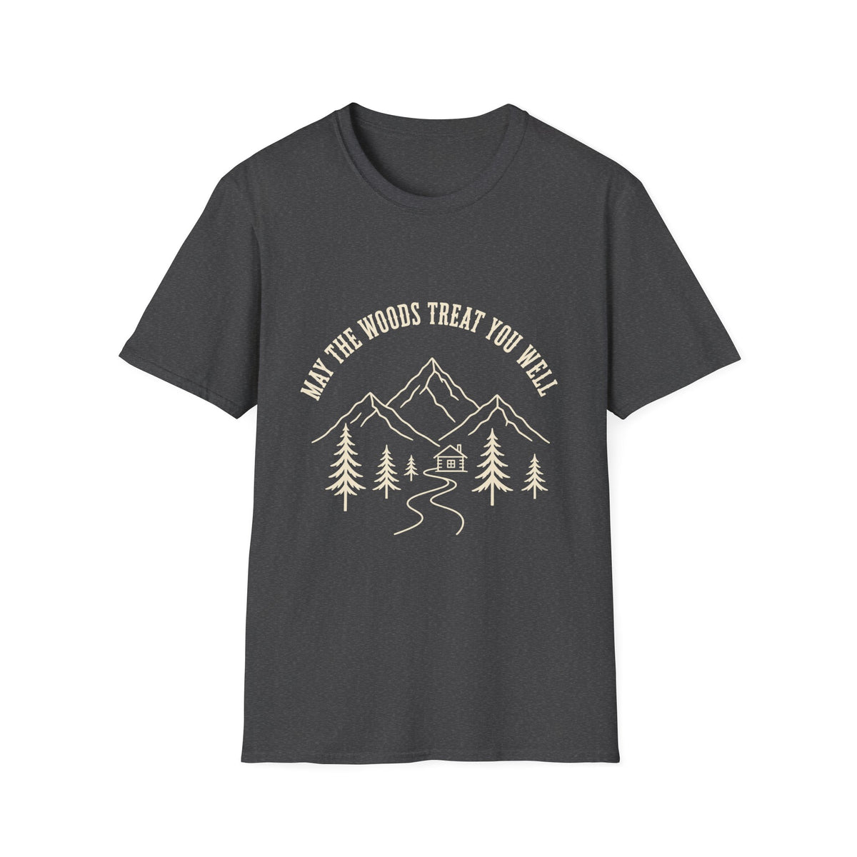 Front view of May the Woods Treat You Well mountain and pine hiking T-shirt