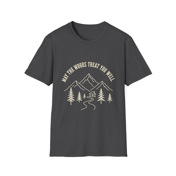 Front view of May the Woods Treat You Well mountain and pine hiking T-shirt