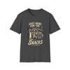Just Here for the Snacks T‑Shirt — Cute Raccoon Gas Station Graphic