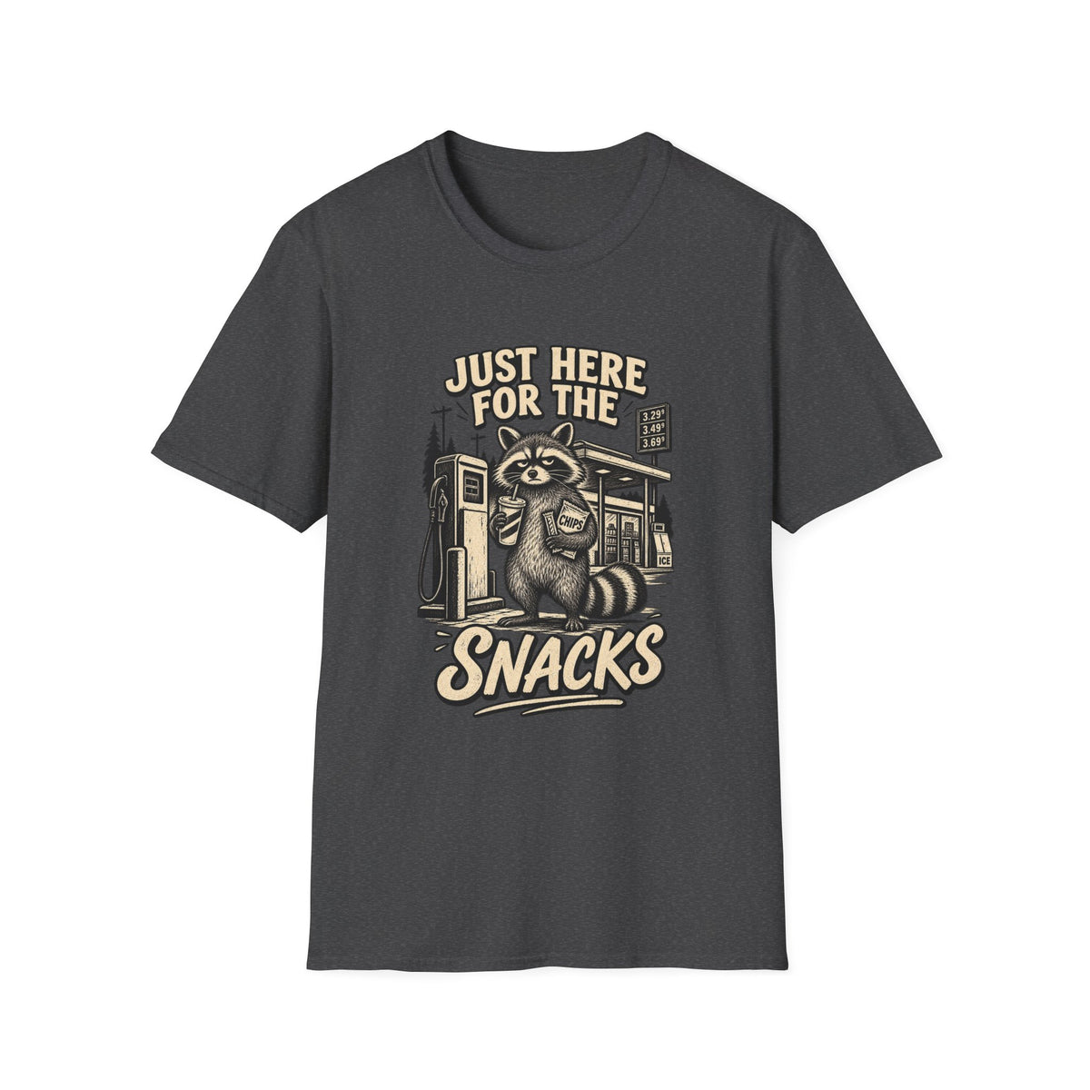 Just Here for the Snacks T‑Shirt — Cute Raccoon Gas Station Graphic