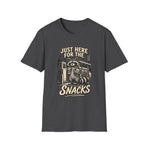 Just Here for the Snacks T‑Shirt — Cute Raccoon Gas Station Graphic
