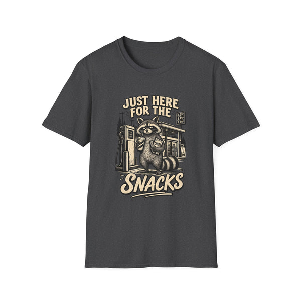Just Here for the Snacks T‑Shirt — Cute Raccoon Gas Station Graphic