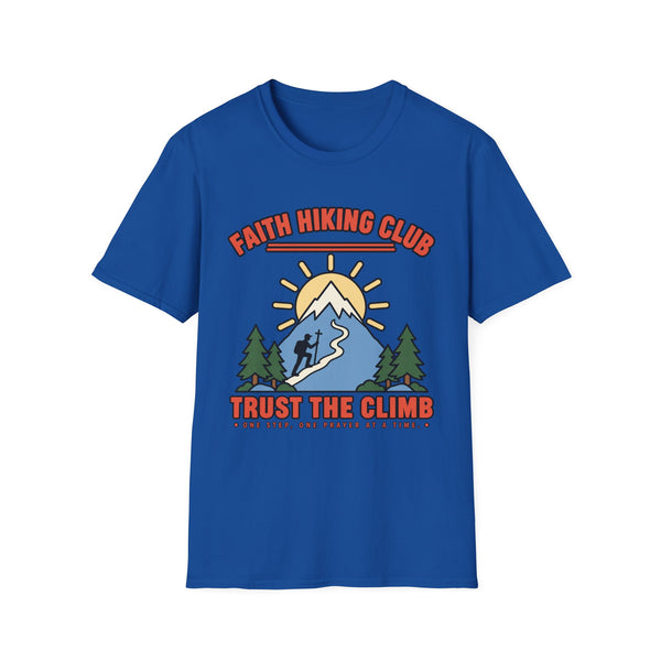 Front view of Faith Hiking Club Trust the Climb mountain graphic T-shirt