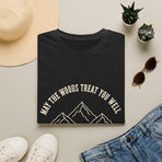 May the Woods Treat You Well mountain and pine hiking T-shirt product mockup