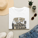Just Here for the Snacks T‑Shirt — Cute Raccoon Gas Station Graphic