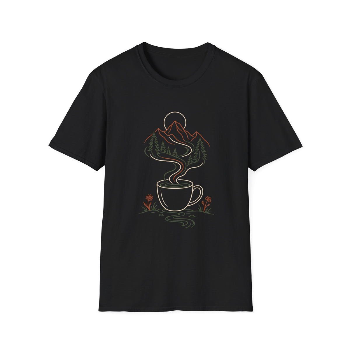 Mountain Coffee T-Shirt — Scenic Cabin Sunrise Tee