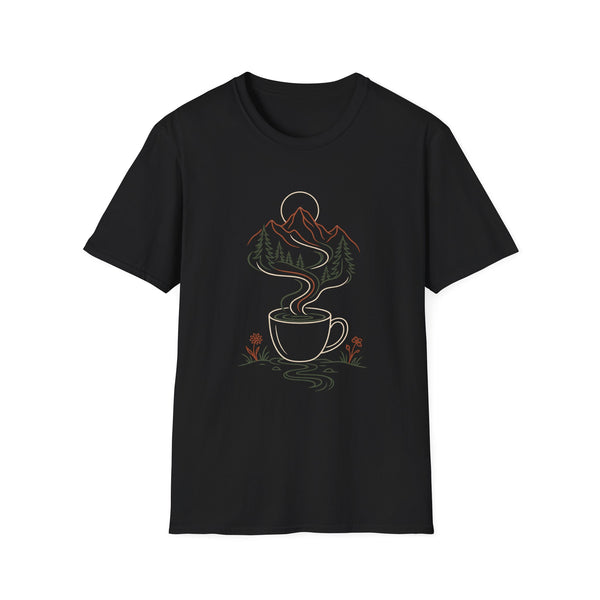 Mountain Coffee T-Shirt — Scenic Cabin Sunrise Tee