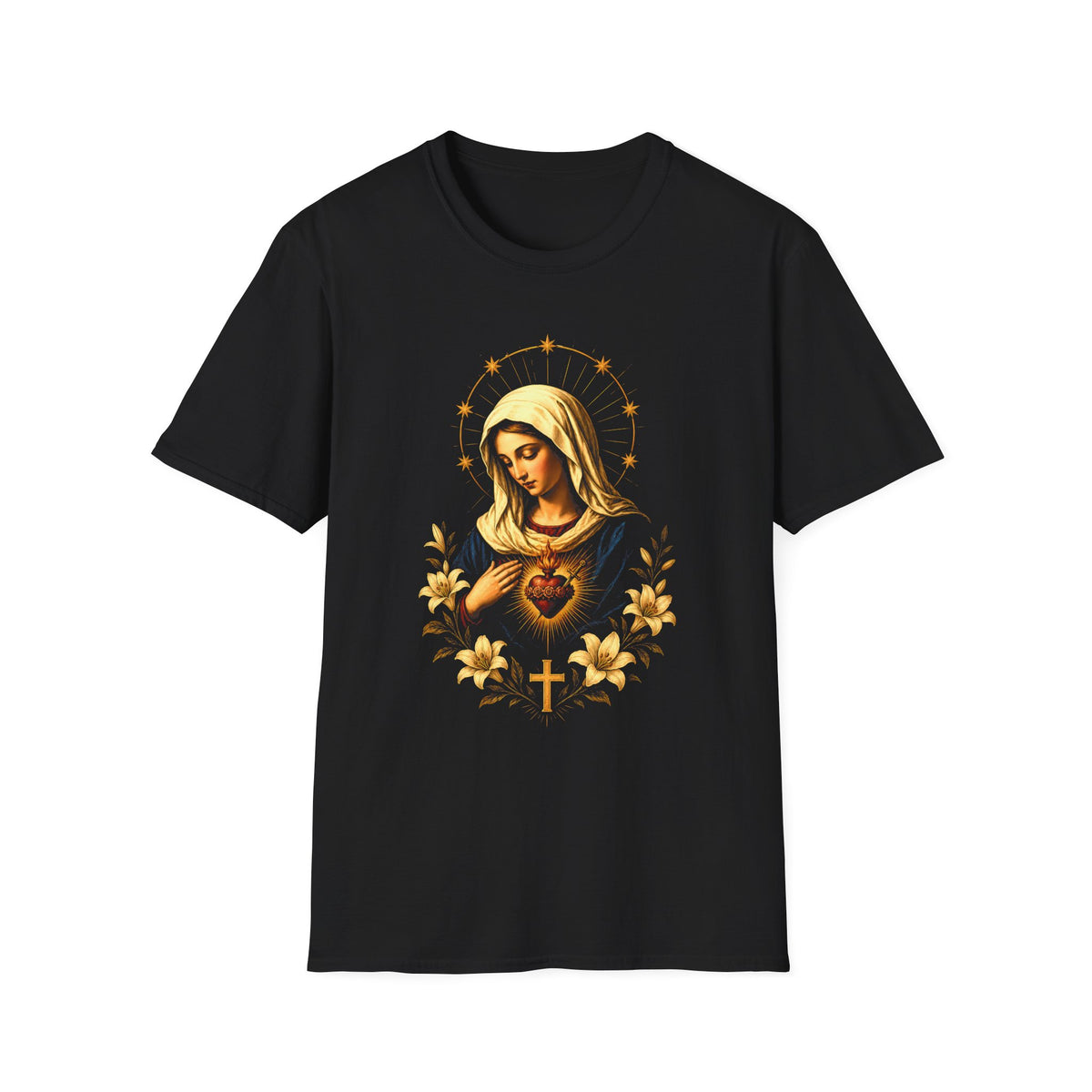 Virgin Mary Heart T-Shirt — Sacred Heart Madonna Tee with Halo & Lilies