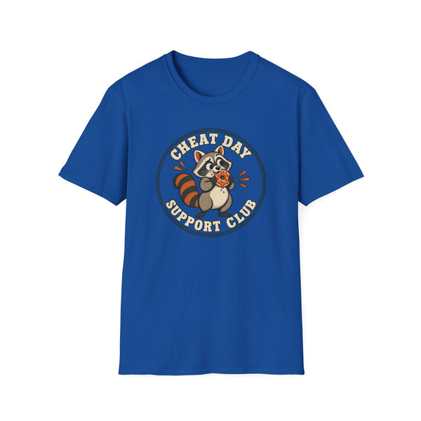 Front view of Cheat Day Support Club raccoon eating a donut graphic T-shirt