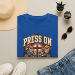 Press On T-Shirt — Christian Cross Mountain Graphic (Philippians 3:14)