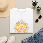 Spiritual Sunburst Cross T-Shirt — Pastel Stained Glass Heart Design