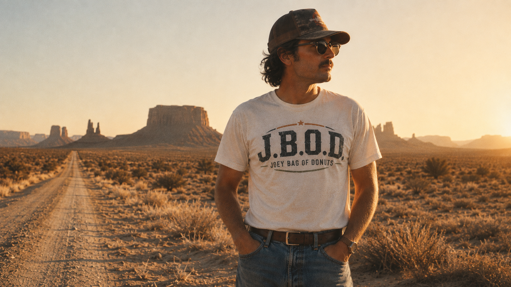 A working stiff in the desert at golden hour wearing a Joey Bag of Donuts tee
